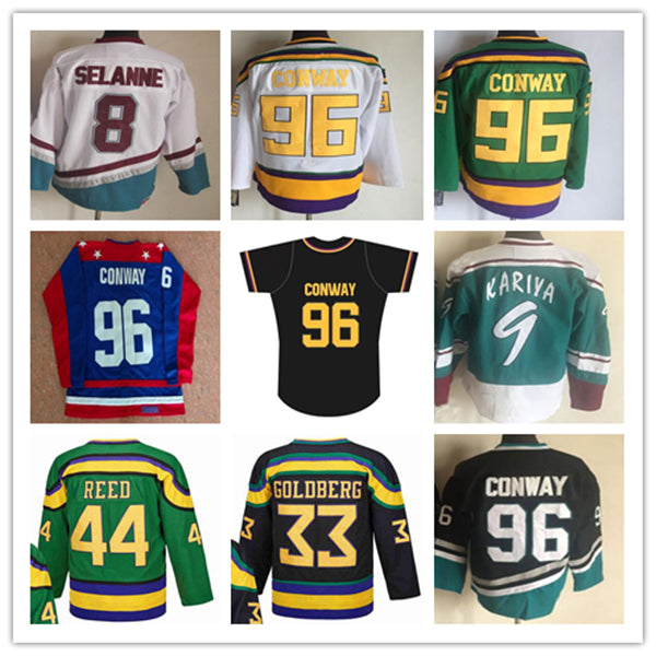 Men Vintage 96 Charlie Conway Hockey Jerseys Movie Mighty 99 Adam Banks 21 Dean Portman 44 Fulton Reed 33 Greg Goldberg 8 Teemu Selanne 9 Paul Kariy