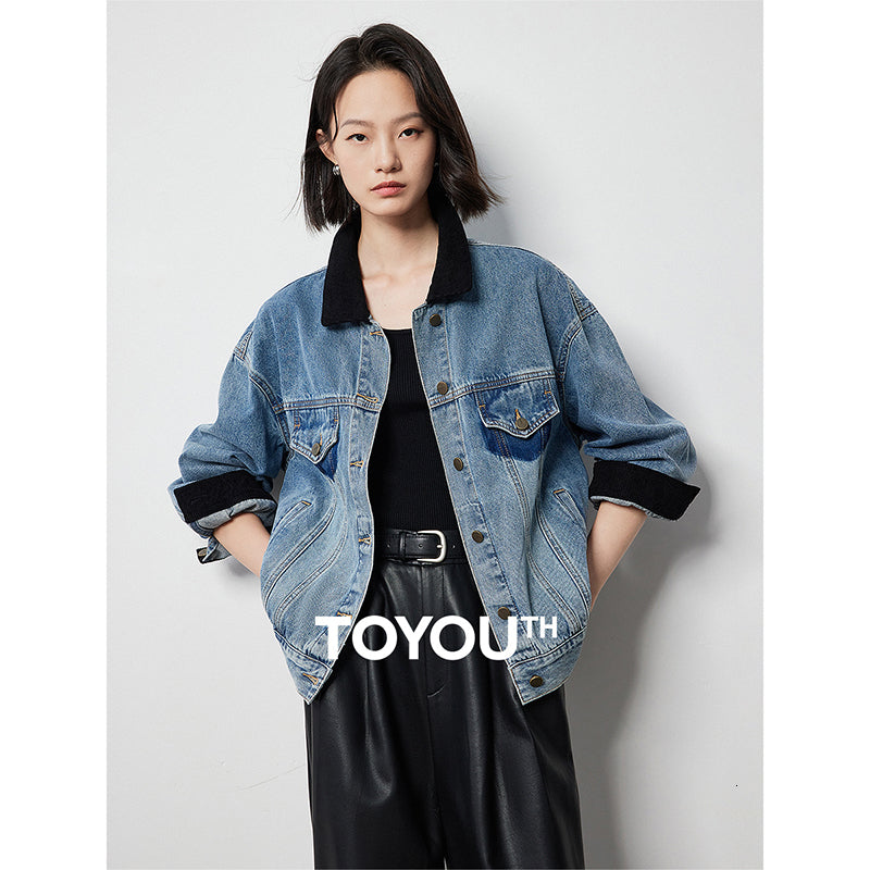 TOYOUTH Women Denim 2024 Autumn New Contrasting Color Washed Boyfriend Streetwear Outwear Jacket