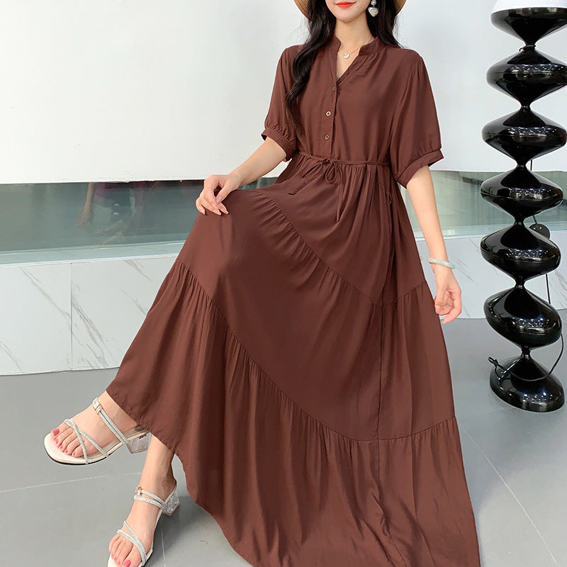 051 plus size cotton silk dress fat loose cover belly slim long style big swing color tie waist temperament long skirt