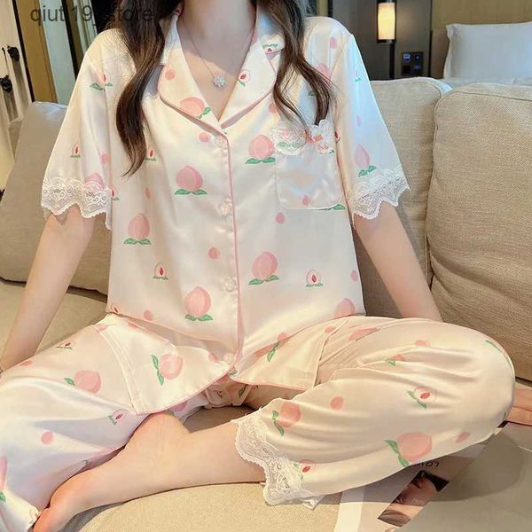 home clothing Print Peach Pajamas Sets Women Soft Casual Faux Silk Satin Pijama Sets Sleepwear Short Sleeve Pants Female Pyjamas Home Clothi