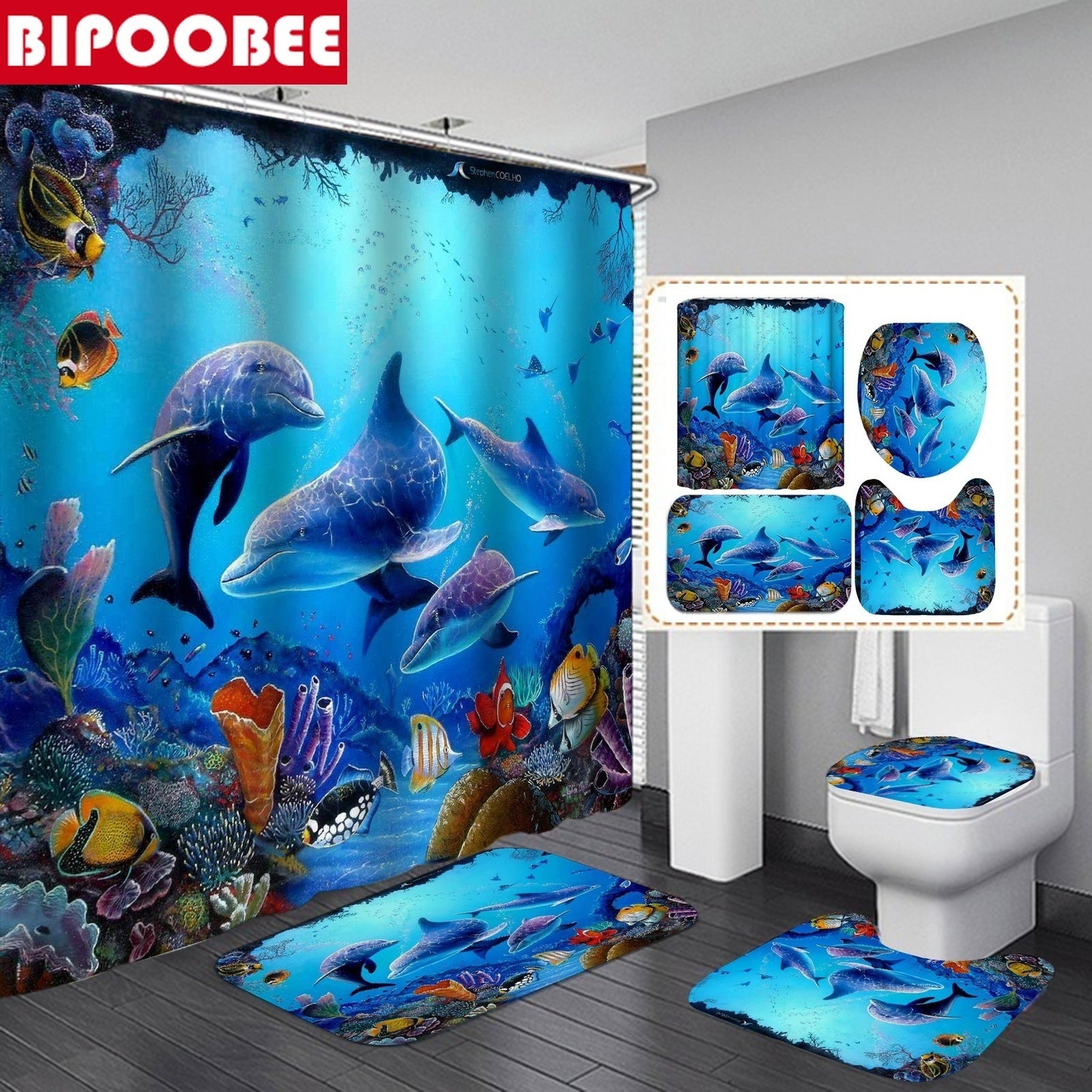 Shower Curtains Ocean Underwater World Cheerful Dolphin 3D Printing Waterproof Shower Curtain with Rug Toilet Cover Bath Mat Set Bathroom Decor 2309
