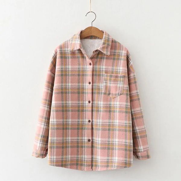 Womens autumn and winter coat with collar long sleeves patch pockets single-layer wool shirt thick lining plain weave womens jacket 241007