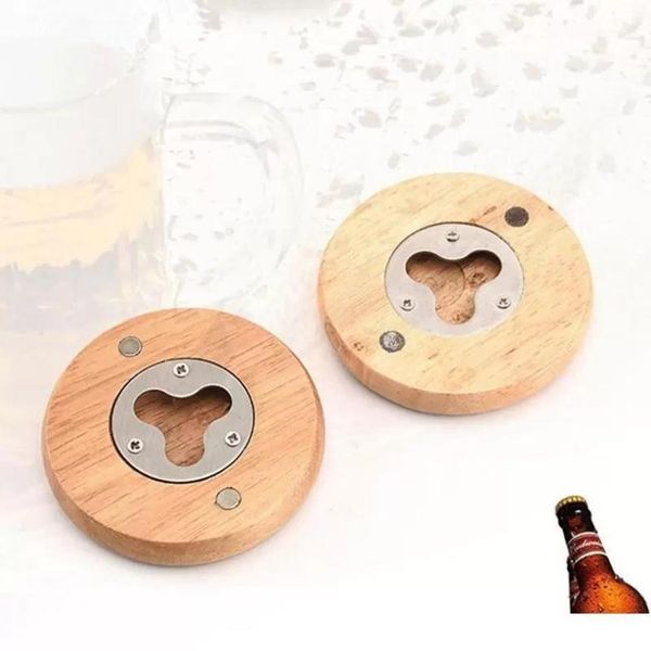 New Wooden Round Shape Coaster Fridge Magnet Decoration Beer Bottle Opener Factory wholesale FY3743