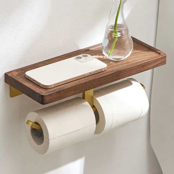 Double Paper Holder with Shelf Gold Wood Wall Mounted Bathroom Kitchen Tissue Holders Walnut Toilet Paper Towel Roll Rack Hanger M240824