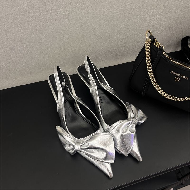 Europe and The United States Style Fashion Show Metal Tie High-heeled Sandals New Bow Decorated Pointed Toe Sandals Women Wear
