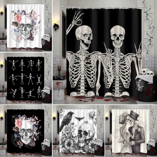 Funny Halloween Skeleton Shower Curtain Spooky Pumpkin Lights Magic Witch Skull Flower Eerie Polyester Fabric Bathroom Decor Set M240824