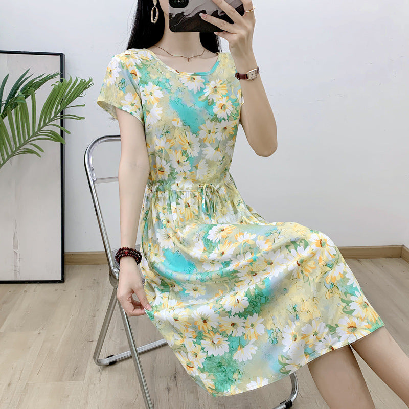 332 Summer mid-length outerwear cotton silk dress artificial cotton skirt waist women&#039;s slim short-sleeved floral new style