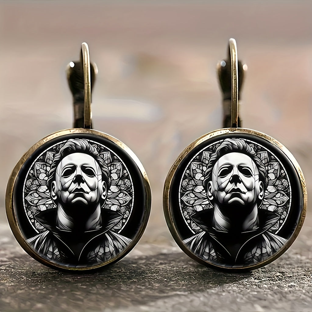 TEMU Alloy Retro Round Earrings, Black And Horror Movie Character Portrait Retro Earrings, Light Accessories, Simple And Fashionable Style, Daily