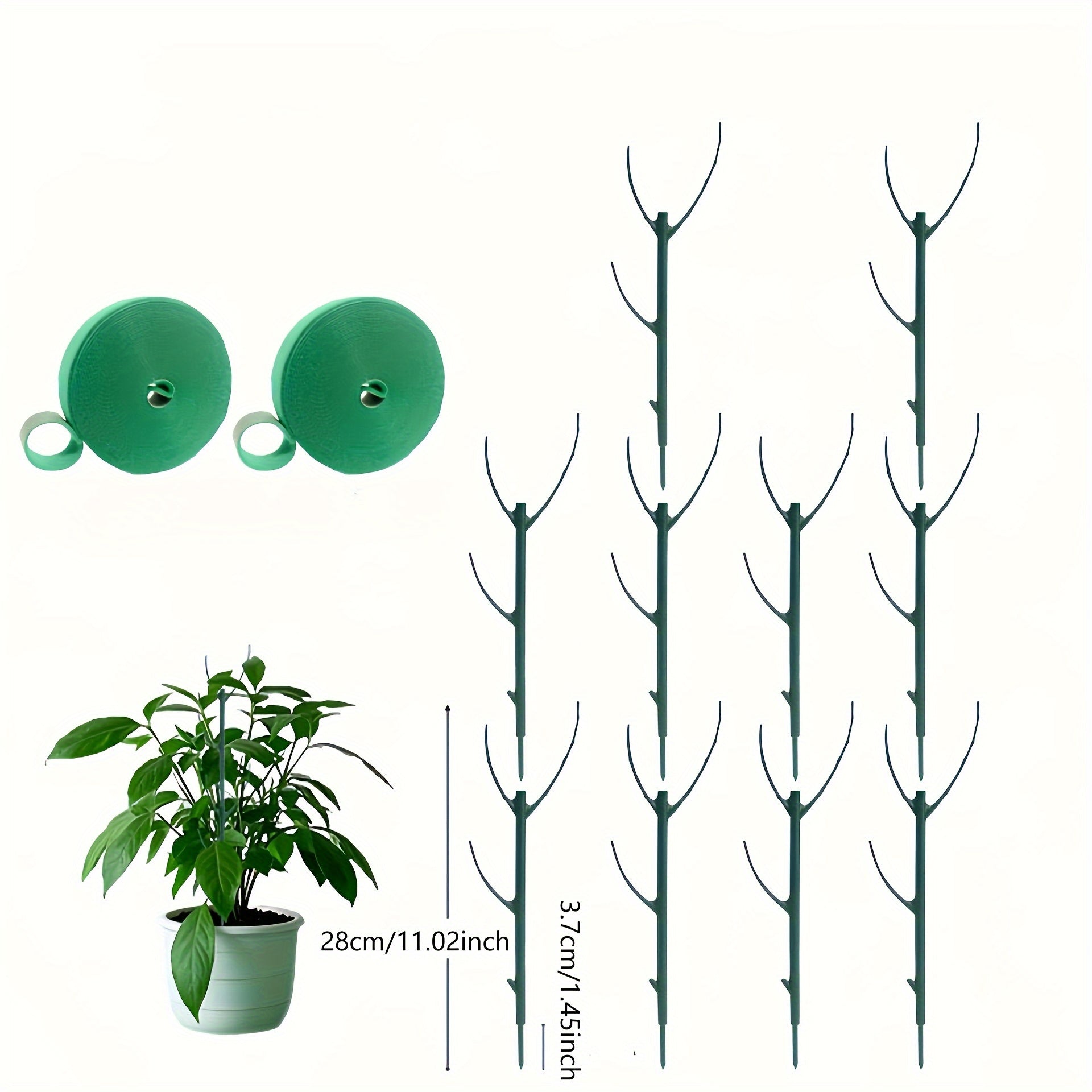 TEMU 10pcs Stackable Plant Support Stakes With 2 Rolls Of Tape - Green Plastic Cage For Branch Fence, Climbing Plants & Indoor-outdoor Potted Flowers