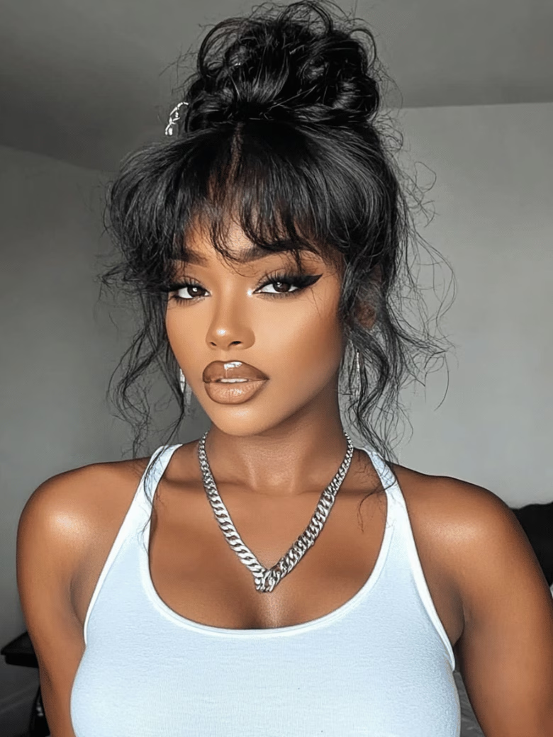 13x4 Pre-Everythingâ¢ Lace Front Black Fluffy Natural Bouncy Loose Wave Curtain Bangs Wig