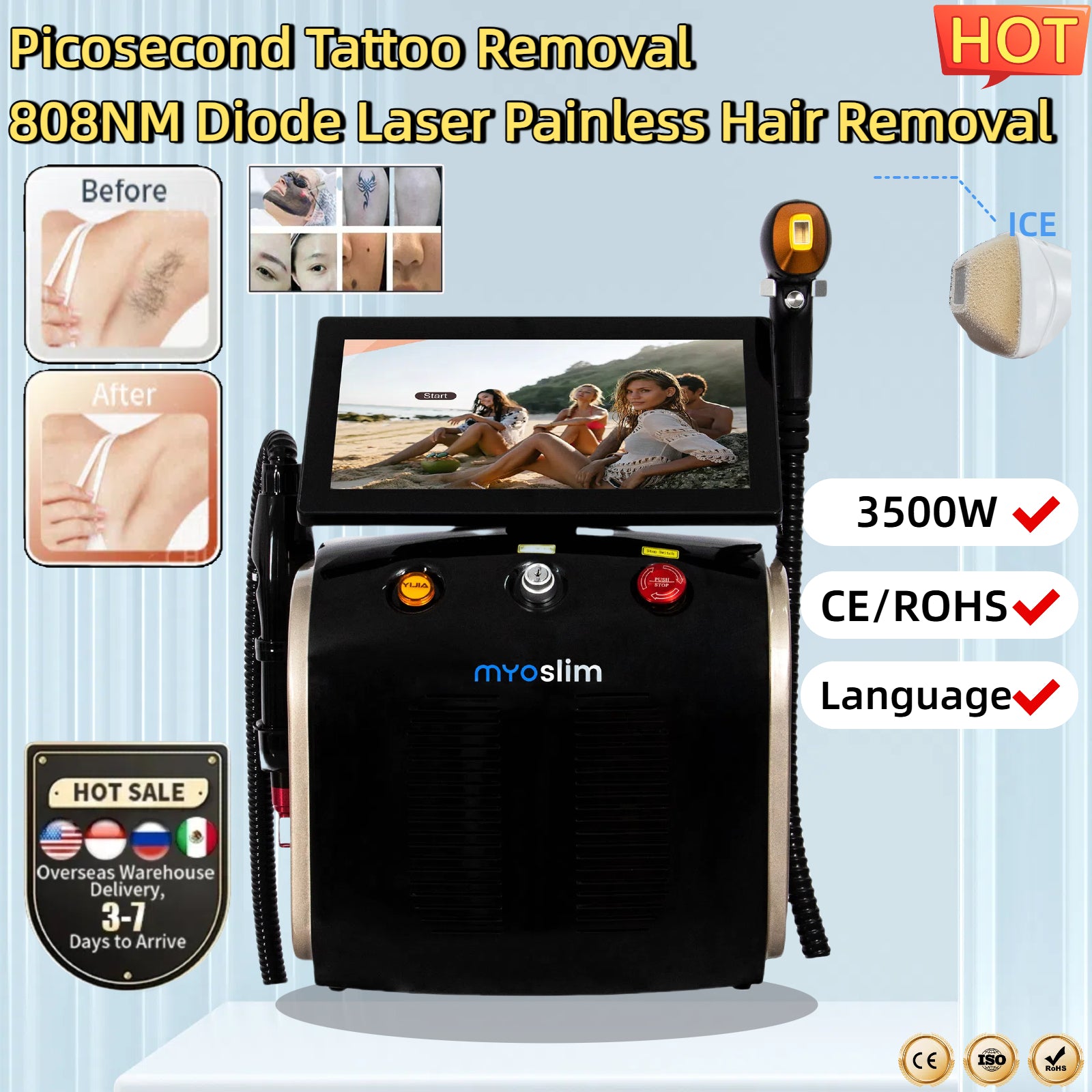 3500W 2 Handles Beauty Machine: 808nm Diode Laser for Safe & Painless Hair Removal + Picosecond for Tattoo Elimination