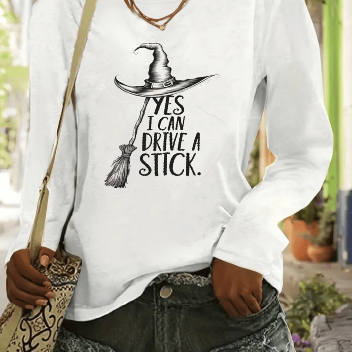 TEMU Women's Long Sleeve T-shirt With Whimsical Hat & Broomstick Print - " " Design, Breathable & Comfortable, For Casual Attire, Summer Parties,