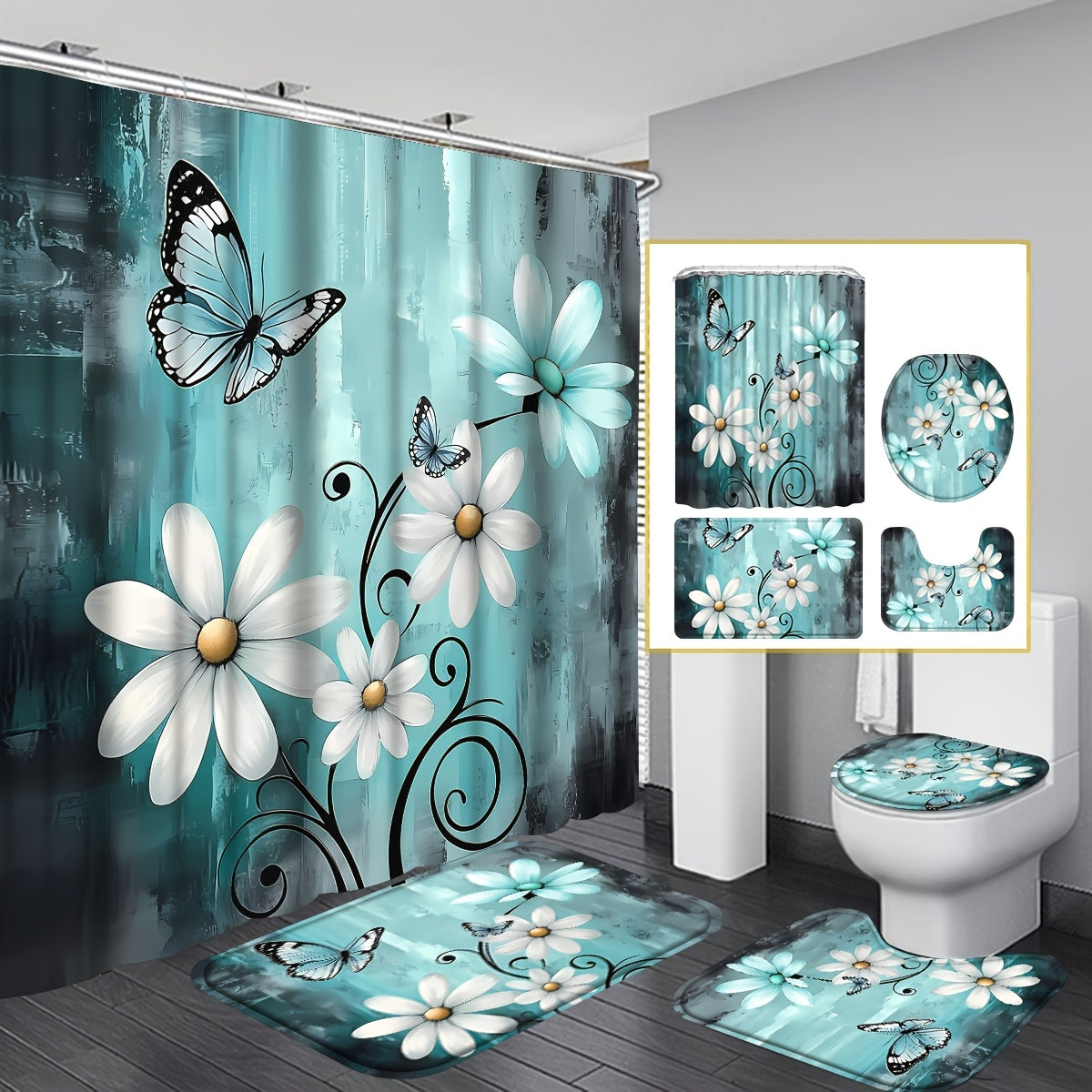 TEMU 4pcs-1pc Rustic Farmhouse Shower Curtain Set, Farm Teal Daisy Floral Bathroom Set With Non-slip Rugs, U-shaped Mat, Toilet Seat Cover, High