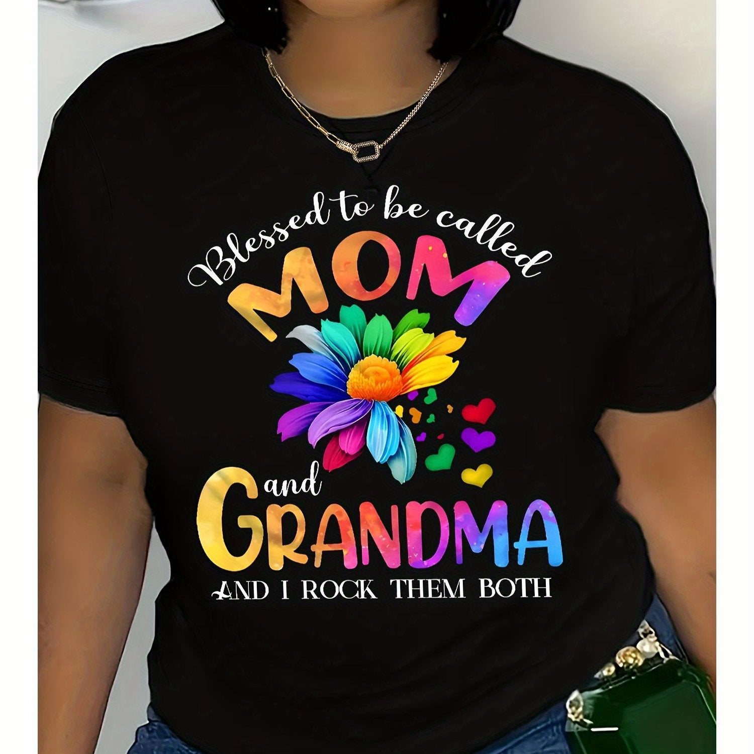 TEMU Wo"blessed To Be Called Mom And Grandma" Graphic T-shirt, Casual Crew Neck, Knit Top With Alphabet & Floral Heart Print, For All