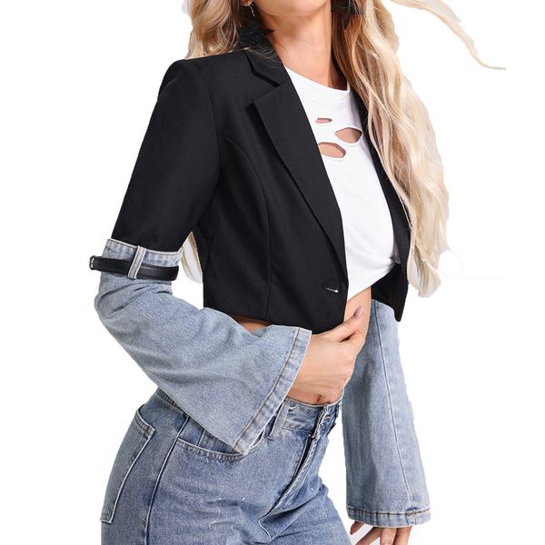 jean jacket women Fashion Women&#039;s Denim Patchwork Blazer Notched Collar Single Button Long Sleeve 2024 Autumn New Short Suit Jackets de