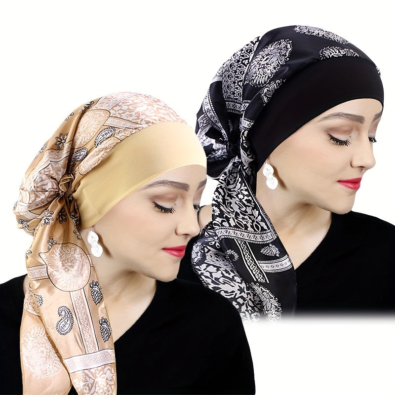 TEMU 2pcs Women’s Satin Print Headscarf Caps - Stretchy Wide-brim Sleep Bonnets, Soft Polyester Hair Wraps With Elegant Paisley & Floral Print