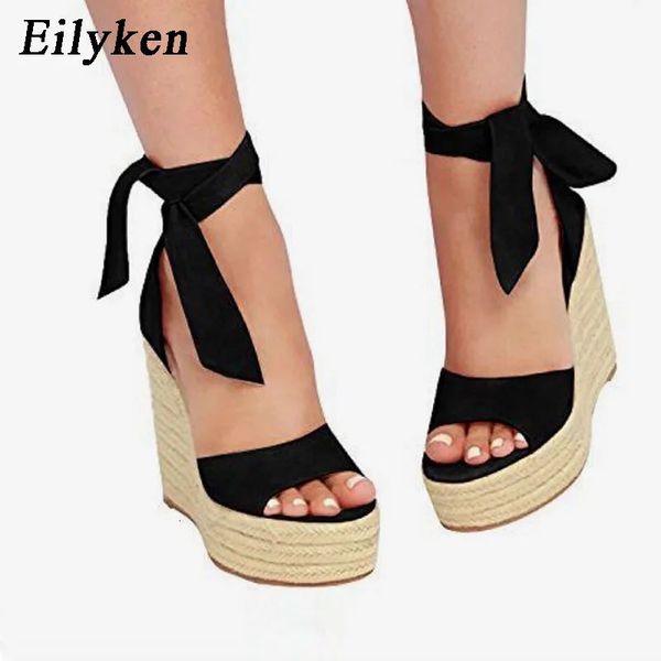 EilyKen Women Summer Butterfly Knot Solid Black Open Toe Sandals Fashion Platform High Heel Wedge Shoes Ankle Bowtie Dress Pumps 240615