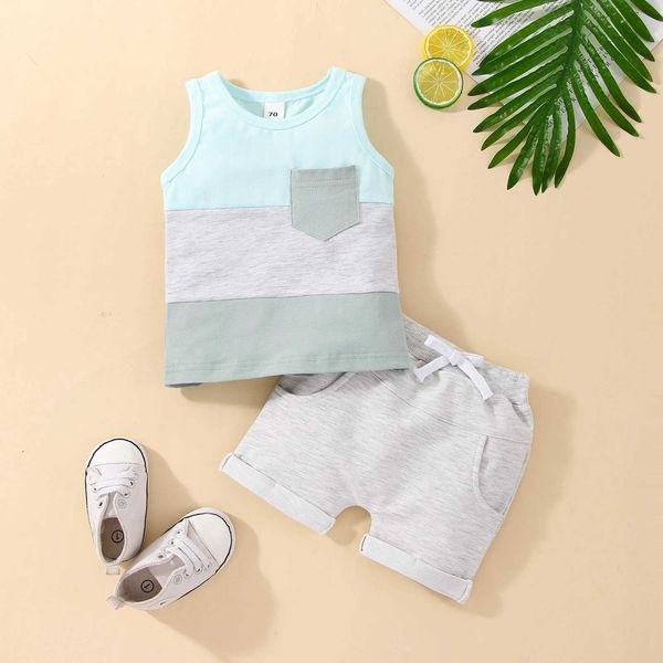 Clothing Sets Infant Baby Boys 2PCS Pants Suit Sleeveless Patchwork Crew Tank Tees + White Straps Short Pants Toddler Boys Casual Outfit R24