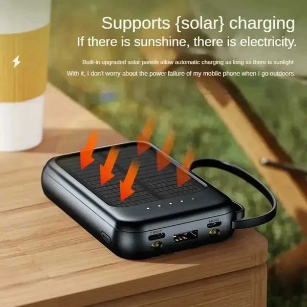 Cell Phone Power Banks Powerbank External Solar Cells 10000mAh Big Capacity Fast Charging Phone Charger with 3 Built-in Cables Outdoor Power