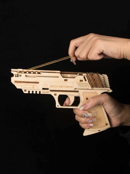 3D wooden puzzle model building kit mechanical rubber with gun toy DIY brain tear birthday gift W240903