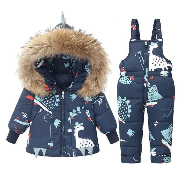 Cartoon Dinosaur Winter Children Clothes Set Real Fur Down Jacket For Girls Baby Boy Jumpsuit Kids Overalls Boys Outerwear Coat 241219