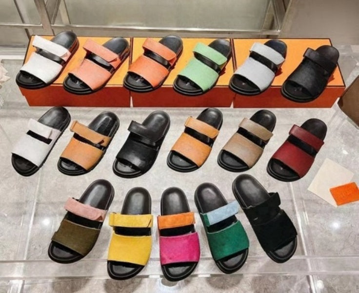 (Choose the Pics not decription) Fashion Designers Velcro Modes Slide Slippers Sandals Black White Brown Shoes for Women