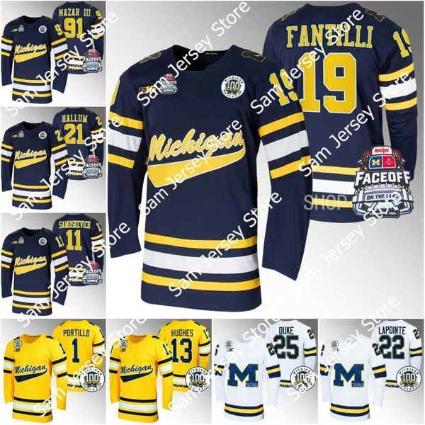Michigan Wolverines Navy Faceoff Hockey Jersey 2023 Mark Estapa Frank Nazar III Gavin Brindley Adam Fantilli Luke Hughes Eric Ciccolini Samo