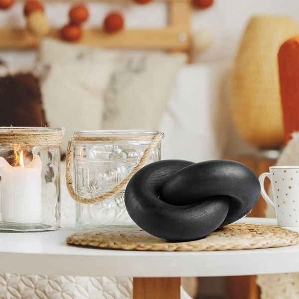 Wood Chain Decor,2-Link Decorative Chain Hand Carved Boho Wood Knot Decor For Bookshelf Desk Living Room Table(Black)