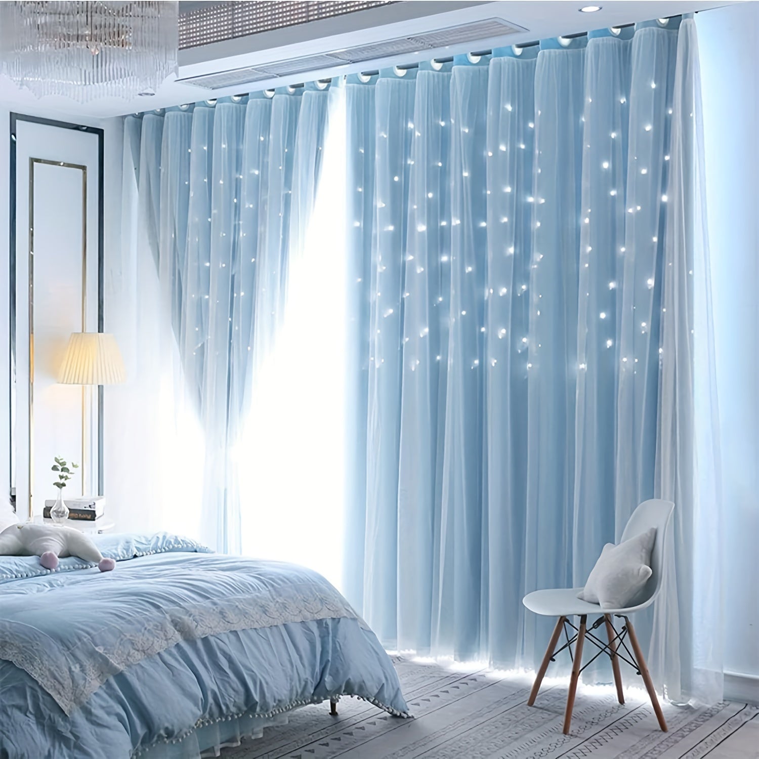 TEMU 2pcs Stars Cutout Blackout Curtains With Tulle Layers Grommet Window Panels For Bedroom Living Room Decor Wall Home, Blue