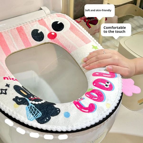 Cute rabbit toilet seat cushion winter handheld toilet seat cushion childrens household plush waterproof toilet seat cover 241210