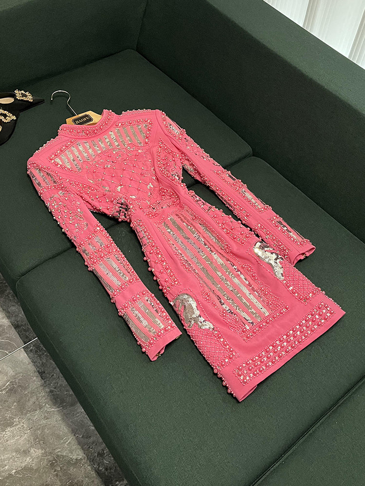 2024 Autumn Hot Pink Solid Color Beaded Dress Luxury Long Sleeve Stand Collar Sequins Short Casual Dresses O4S212916