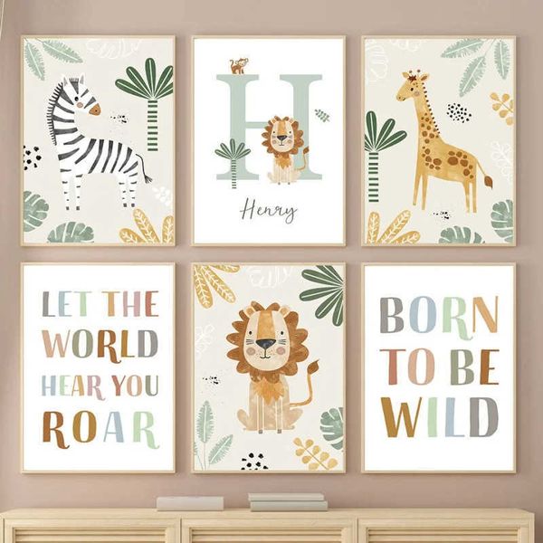 Paintings Cartoon Animal Lion Zebra Giraffe Name Design Childrens Room Baby Bedroom Background Wall Poster Frameless Painting H250115