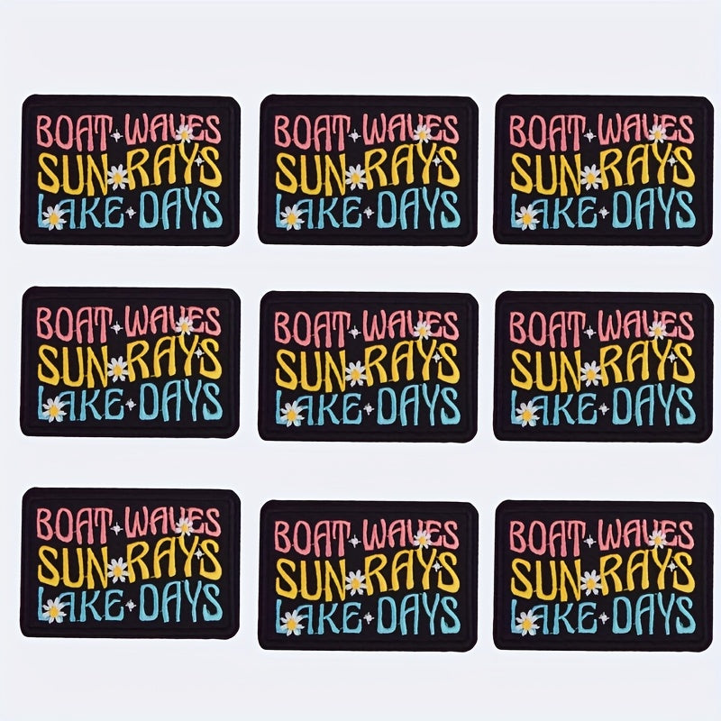 TEMU 9pcs-set New Embroidered Iron-on Patches 'boat Waves Lake Days' Lettering Floral Designs. Decorate Hats, Pants, Sweatshirts, T-shirts, And Bags