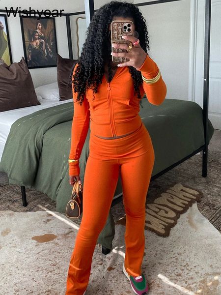 Autumn Orange 2 peças Pontas Mulheres Conjuntos Combinantes Tops de Pocket Crop e Leggings Troushers Sports Sports Fitness Roupfits 250122
