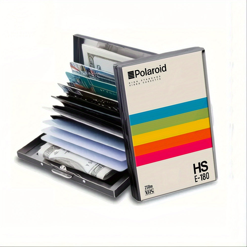 TEMU Stainless Steel Credit Card Holder Wallet - Retro Video Tape Design With Colorful Stripes, Compact & Portable Business Card Organizer For ,