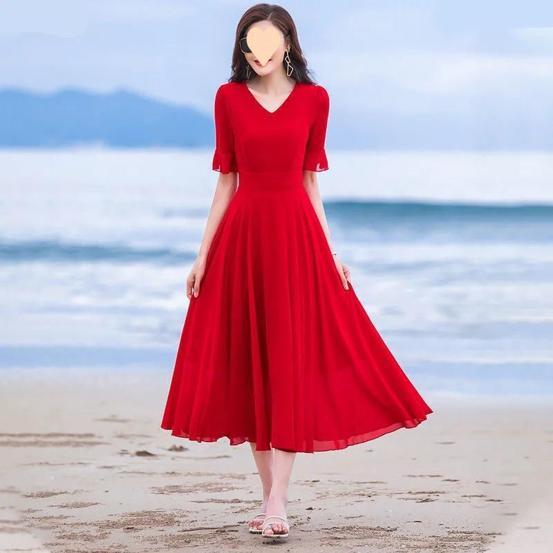 154 big swing skirt 2025 summer red medium-length dancing chiffon dress plus size long skirt over the knee holiday beach dress