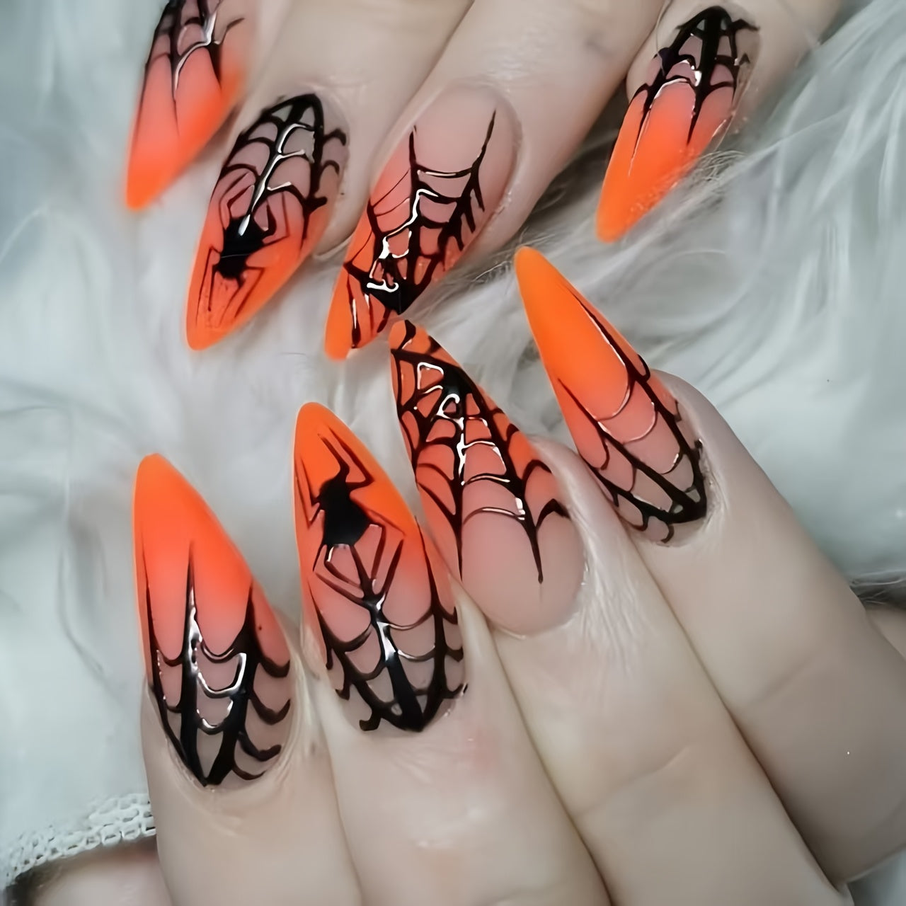 TEMU 24pcs Halloween-themed Web Gradient Nail Art - Removable, Glossy Finish, Almond-shaped Nails For Spooky , Halloween Nail Art | Web Design |