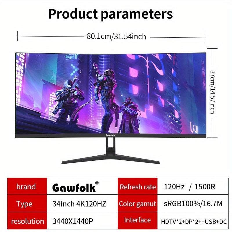 TEMU 34-inch Curved 120hz Gaming Curved Pc Monitor With 1500r Pc Screen 21:9 Uwqhd (3440x1440), No Speakers, 178° Viewing Angle, Hdtv, Display Ports,