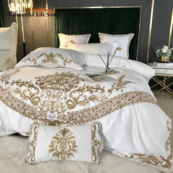 Bedding sets White Bedding Set 60S Satin Cotton Royal Gold Embroidery Soft Duvet Cover Set Bed Sheet cases 4 Pcs 5Pcs H250113