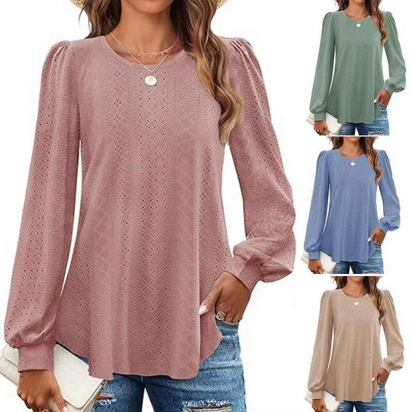 2024 Womens Round Neck Small Hole Eye Bubble Long Sleeve Top T-shirt Casual Spring Female Slim Crop Top Casual Womens T Shirt Clothes Man Wo
