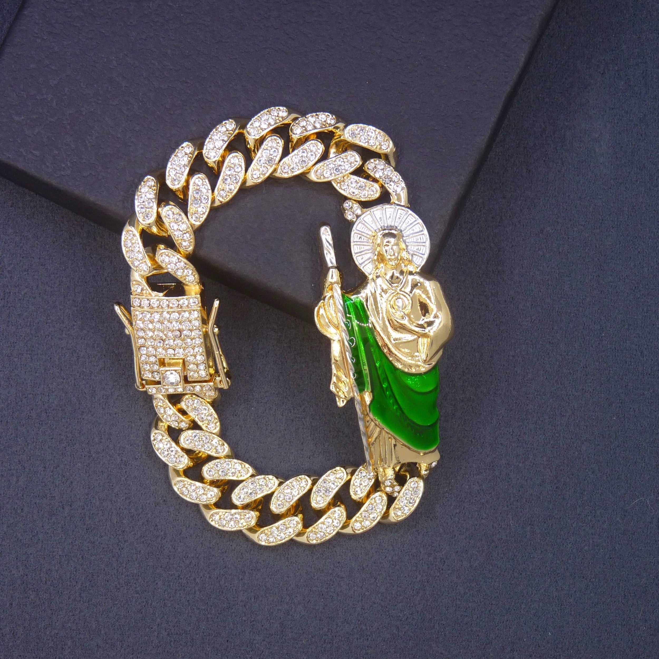 TEMU 1pc Fashionable Alloy Cuban Link Bracelet With Accents And Pendant, Non-magnetic, Non-plated Jewelry Gift