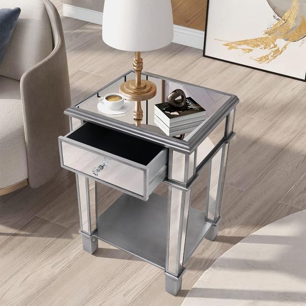 FATIVO Mirrored Bedside Nightstand: Silver Glass Mirrored Side Table Nightstand Table with Open Shelf for Bedroom, Living Room Storage