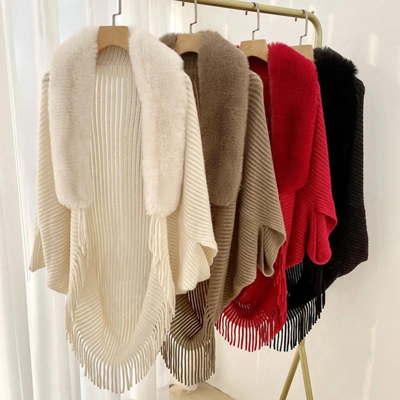Scarves Fur Neck Collar Shawl Scarf For Women Winter Knit Warm Thicker Wraps Solid Color Elegant Stoles With Tassel
