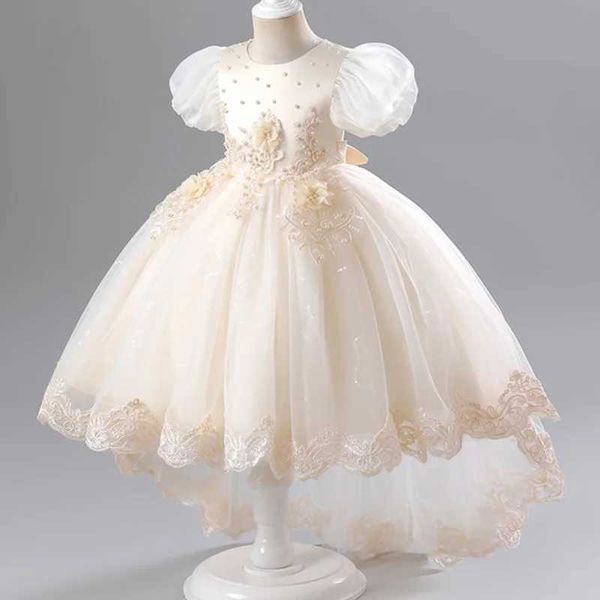 Girl&#039;s Dresses New Childrens Dress Lace Trail Princess Dress Mesh Applique Bubble Slve Wedding Flower Boy Bow Swt and Cute Dress Y25011