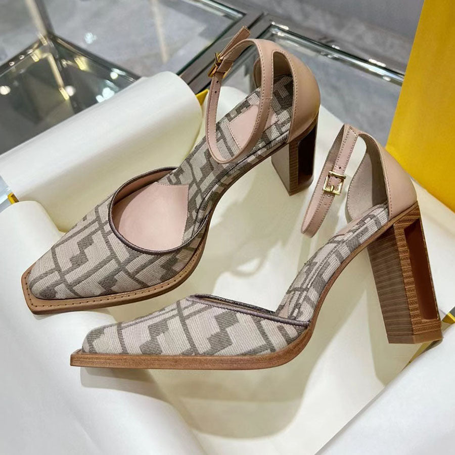 Dress Shoes Women&#039;s Hollow Wood Grain Coarse Heel Party Shoes Vintage Baotou Fashion letters letter Square Head Buckle Ankle Strap HighShoes Lu