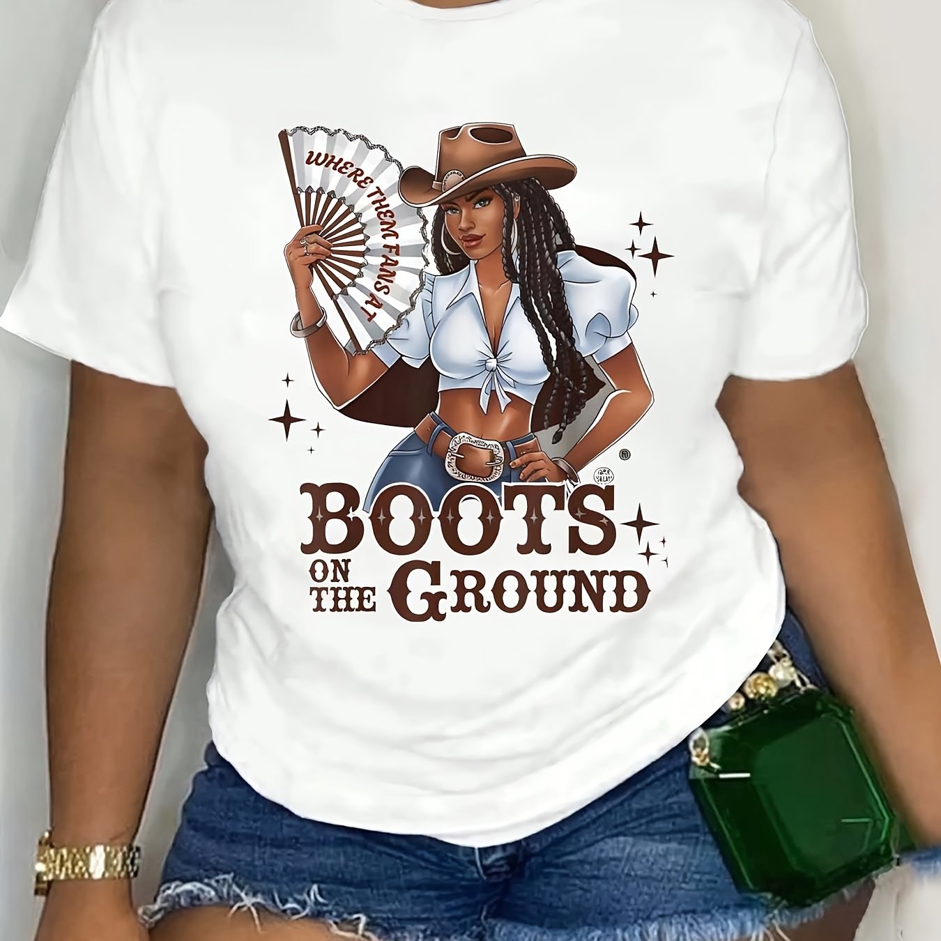 TEMU [denim Print- Denim] Women's Retro Western Cowgirl Graphic T-shirt - Soft Everyday Tee With Vintage Boots & Hat Design - Black Background -