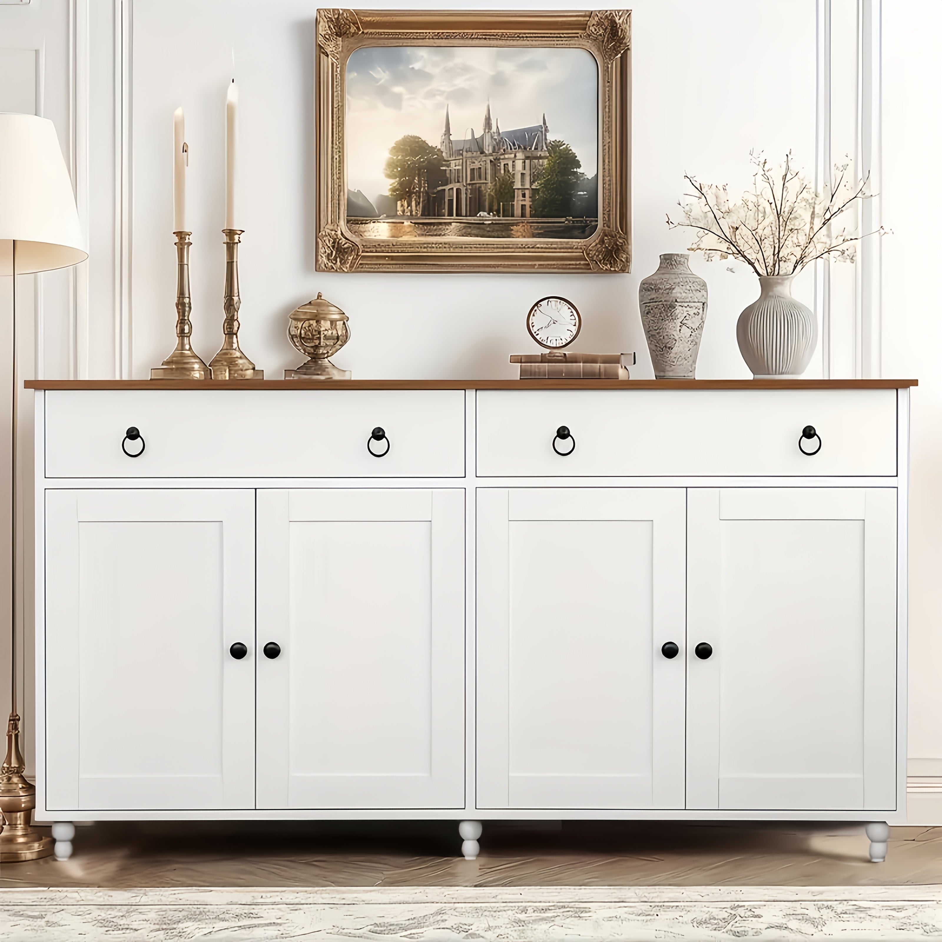 TEMU 55'' Sideboard Buffet Cabinet, Mid-century Kitchen Buffet Storage Cabinet With 2 Drawers & 4 Doors, Coffee Bar Cabinet With Storage