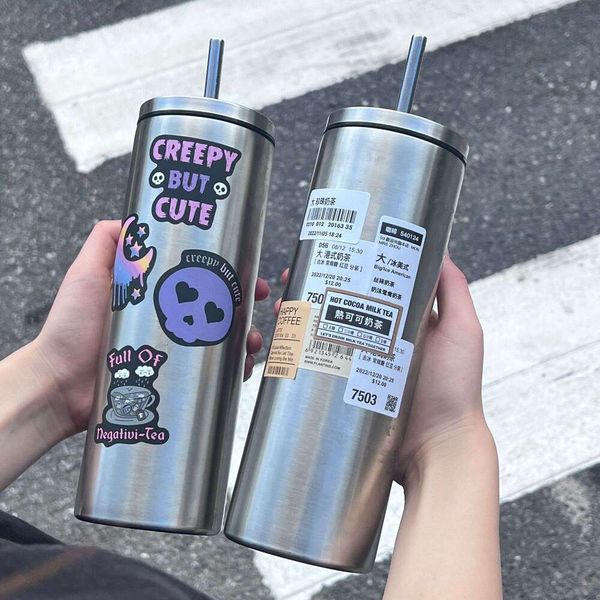 High aesthetic stainless steel simple and insulated with straw coffee cup, large capacity, portable office water cup