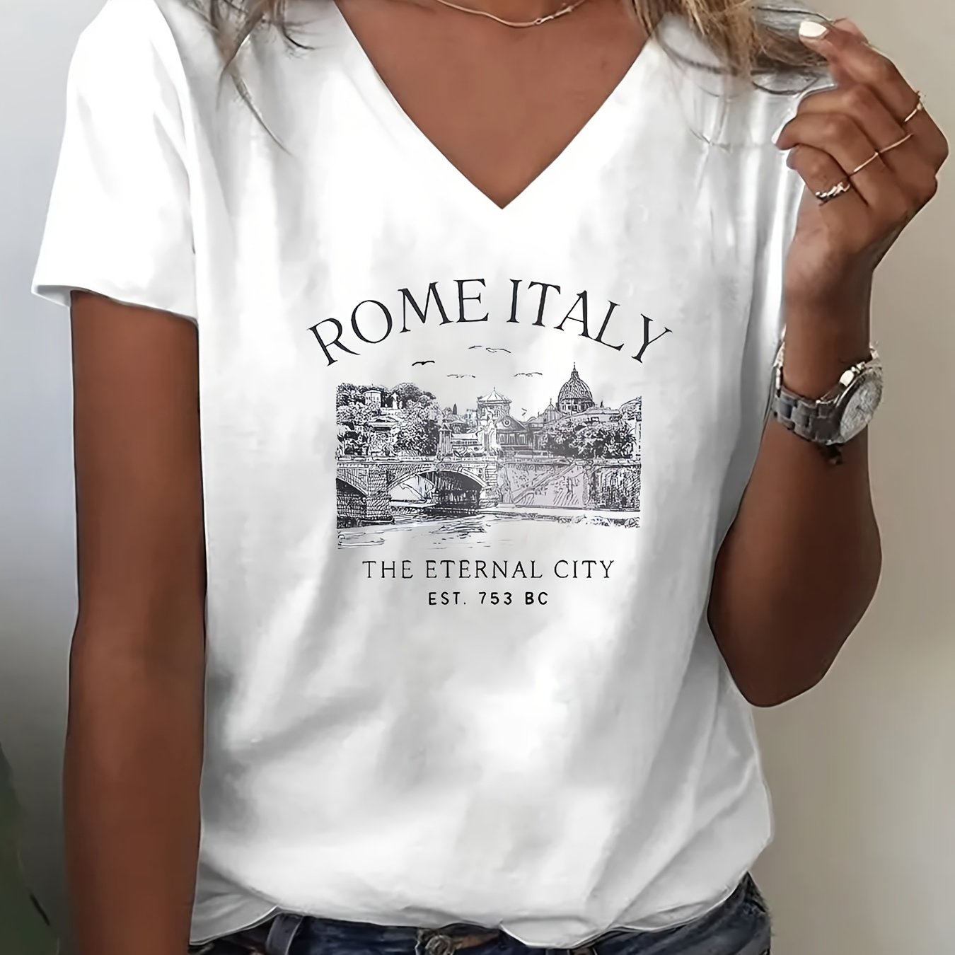 TEMU Women' V-neck Short Sleeve T-shirt - 100% Roman Italian Graphic Tee With "" Print, Casual Fit, Machine Washable, Spring-summer-autumn Essential,