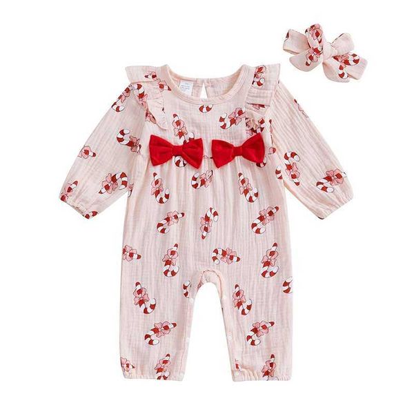 Baby Girl 2Pcs Christmas Outfits Long Sleeve Candy Cane Print Ruffle Jumpsuit with Headband Set Newborn ClothesC250113
